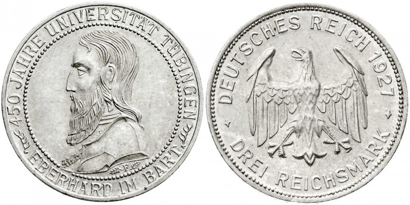 Gedenkmünzen
3 Reichsmark Tübingen
1927 F. vorzüglich/Stempelglanz. Jaeger 328...