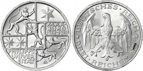 Gedenkmünzen
3 Reichsmark Marburg
1927 A. fast Stempelglanz, winz. Randfehler. Jaeger 330.