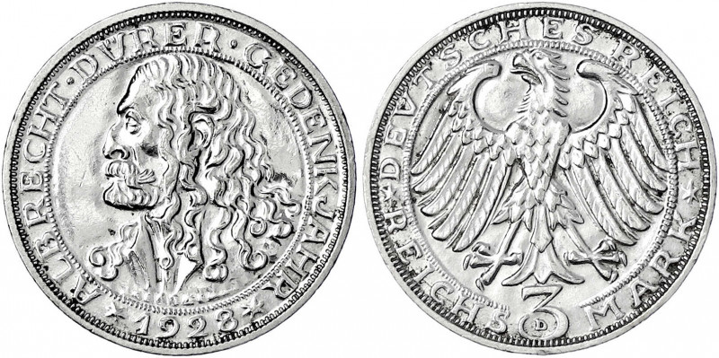 Gedenkmünzen
3 Reichsmark Dürer
1928 D. gutes vorzüglich, etwas berieben. Jaeg...