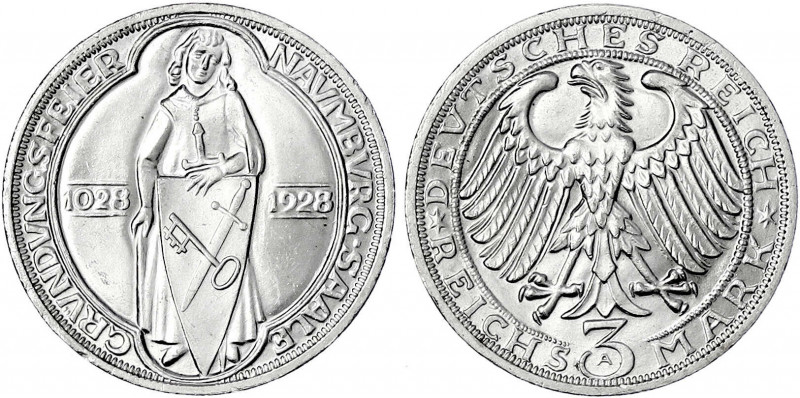 Gedenkmünzen
3 Reichsmark Naumburg/Saale
1928 A. fast Stempelglanz. Jaeger 333...