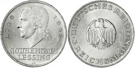 Gedenkmünzen
3 Reichsmark Lessing
1929 A. prägefrisch, winz. Randfehler. Jaeger 335.