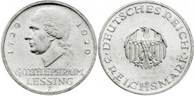 Gedenkmünzen
3 Reichsmark Lessing
1929 F. prägefrisch, kl. Randfehler. Jaeger 335.