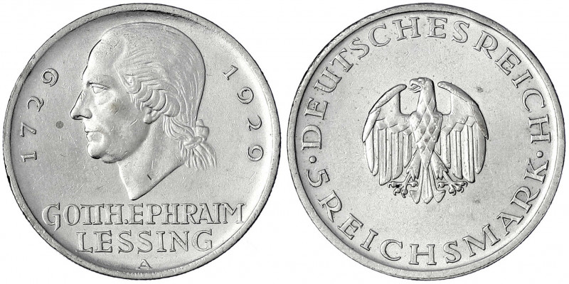 Gedenkmünzen
5 Reichsmark Lessing
1929 A. vorzüglich. Jaeger 336.