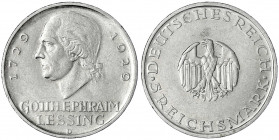 Gedenkmünzen
5 Reichsmark Lessing
1929 D. vorzüglich, kl. Kratzer. Jaeger 336.