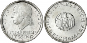 Gedenkmünzen
5 Reichsmark Lessing
1929 F. Polierte Platte, etwas berieben, selten. Jaeger 336.