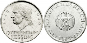 Gedenkmünzen
5 Reichsmark Lessing
1929 G. vorzüglich, etwas berieben. Jaeger 336.