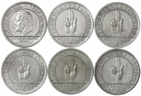 Gedenkmünzen
5 Reichsmark Schwurhand
6 Stück, komplette Serie 1929 A, D, E, F, G, J sehr schön und besser. Jaeger 341.