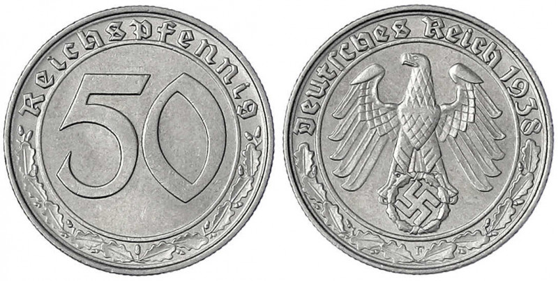 Klein/- und Kursmünzen
50 Reichspfennig, Nickel 1938-1939
1938 F. prägefrisch....