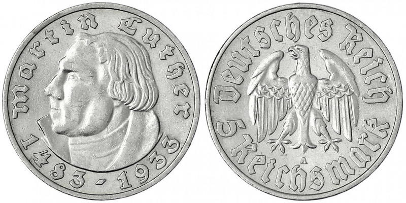 Gedenkmünzen
5 Reichsmark Luther
1933 A. vorzüglich. Jaeger 353.