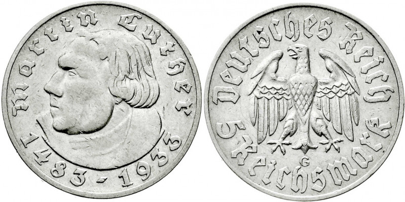 Gedenkmünzen
5 Reichsmark Luther
1933 G. gutes sehr schön. Jaeger 353.