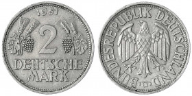 Kursmünzen
2 Deutsche Mark Ähren, Kupfer/Nickel 1951
10 X 1951 G. alle sehr schön. Jaeger 386.