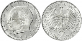 Kursmünzen
2 Deutsche Mark Max Planck K/N 1957-1971
1957 F. fast Stempelglanz, selten in dieser Erhaltung. Jaeger 392.