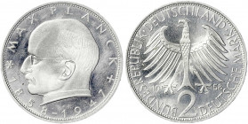 Kursmünzen
2 Deutsche Mark Max Planck K/N 1957-1971
1958 F. fast Stempelglanz/Erstabschlag, selten in dieser Erhaltung. Jaeger 392.