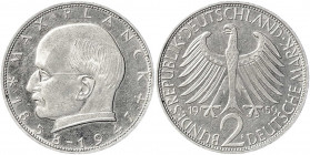 Kursmünzen
2 Deutsche Mark Max Planck K/N 1957-1971
1959 F. fast Stempelglanz/Erstabschlag, selten in dieser Erhaltung. Jaeger 392.