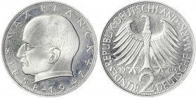 Kursmünzen
2 Deutsche Mark Max Planck K/N 1957-1971
1960 F. fast Stempelglanz/Erstabschlag, selten in dieser Erhaltung. Jaeger 392.