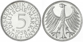 Kursmünzen
5 Deutsche Mark Silber 1951-1974
1958 F. Auflage nach Winter: 100 Ex. Polierte Platte, sehr selten. Jaeger 387.