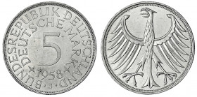 Kursmünzen
5 Deutsche Mark Silber 1951-1974
1958 J. vorzüglich/Stempelglanz, Kratzer. Jaeger 387.