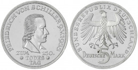 Gedenkmünzen
5 Deutsche Mark, Silber, 1952-1979
Schiller 1955 F. Polierte Platte, nur min. berührt. Jaeger 389.