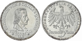 Gedenkmünzen
5 Deutsche Mark, Silber, 1952-1979
Schiller 1955 F. Polierte Platte, winz. Kratzer, leichte Patina. Jaeger 389.