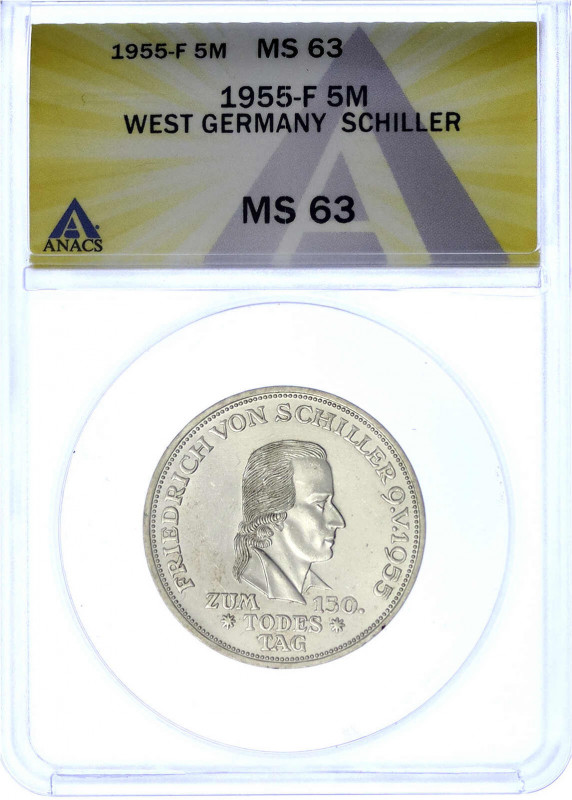 Gedenkmünzen
5 Deutsche Mark, Silber, 1952-1979
Schiller 1955 F. Im ANACS-Blis...