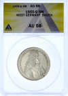 Gedenkmünzen
5 Deutsche Mark, Silber, 1952-1979
Markgraf von Baden 1955 G. Im ANACS-Blister mit Grading AU 58. gutes vorzüglich. Jaeger 390.