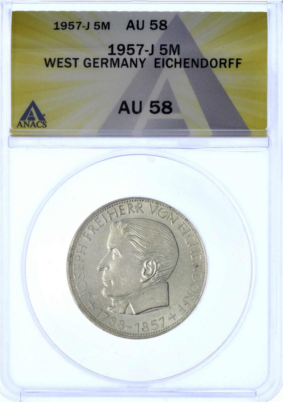 Gedenkmünzen
5 Deutsche Mark, Silber, 1952-1979
Eichendorff 1957 J. Im ANACS-B...