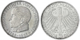 Gedenkmünzen
5 Deutsche Mark, Silber, 1952-1979
Eichendorff 1957 J. vorzüglich/Stempelglanz, kl. Randfehler. Jaeger 391.