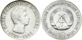 Gedenkmünzen der DDR
10 Mark 1966, Schinkel. Randschrift läuft links herum. prägefrisch. Jaeger 1517.