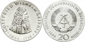 Gedenkmünzen der DDR
20 Mark 1966, Leibniz. Randschrift läuft links herum. fast Stempelglanz. Jaeger 1518.
