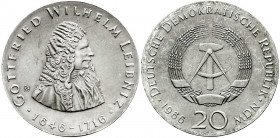 Gedenkmünzen der DDR
20 Mark 1966, Leibniz. Randschrift läuft rechts herum. vorzüglich. Jaeger 1518.