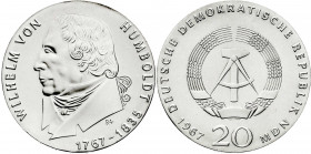 Gedenkmünzen der DDR
20 Mark 1967, Humboldt. Randschrift läuft rechts herum. prägefrisch. Jaeger 1520.