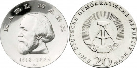 Gedenkmünzen der DDR
20 Mark 1968, Marx. Randschrift läuft links herum. prägefrisch. Jaeger 1521.