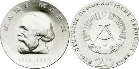 Gedenkmünzen der DDR
20 Mark 1968, Marx. Randschrift läuft rechts herum. prägefrisch. Jaeger 1521.