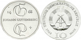 Gedenkmünzen der DDR
10 Mark 1968, Gutenberg. Randschrift läuft links herum. Stempelglanz. Jaeger 1523.