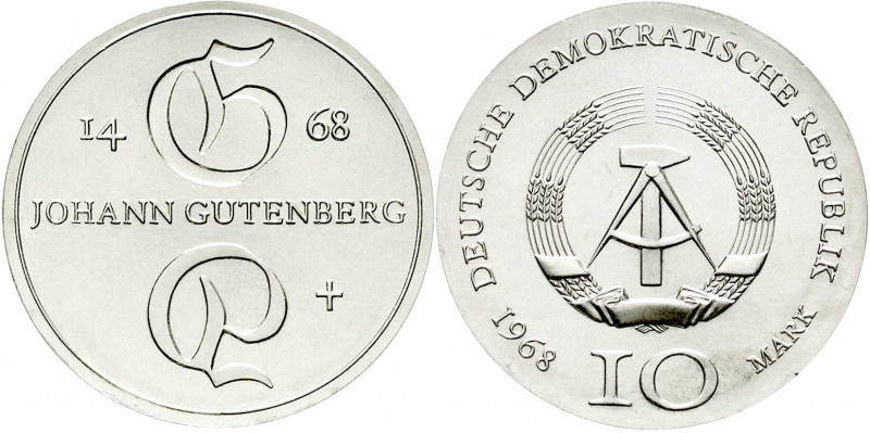 Gedenkmünzen der DDR
10 Mark 1968, Gutenberg. Randschrift läuft rechts herum. S...