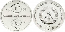Gedenkmünzen der DDR
10 Mark 1968, Gutenberg. Randschrift läuft rechts herum. Stempelglanz. Jaeger 1523.