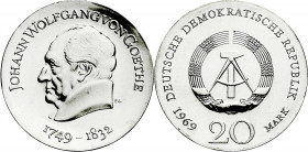 Gedenkmünzen der DDR
20 Mark 1969, Goethe. Randschrift läuft links herum. Stempelglanz. Jaeger 1525.