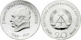 Gedenkmünzen der DDR
20 Mark 1969, Goethe. Randschrift läuft rechts herum. Stempelglanz. Jaeger 1525.