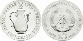 Gedenkmünzen der DDR
10 Mark 1969, Böttger. Randschrift läuft rechts herum. Stempelglanz. Jaeger 1527.