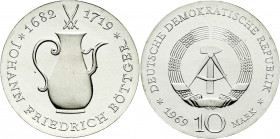 Gedenkmünzen der DDR
10 Mark 1969, Böttger. Randschrift läuft links herum. Stempelglanz. Jaeger 1527.