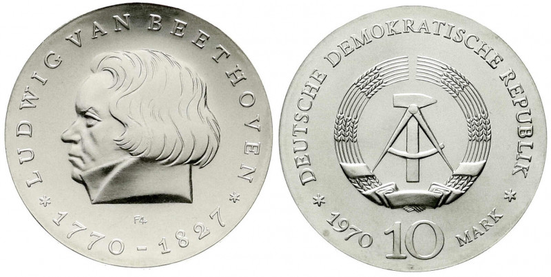 Gedenkmünzen der DDR
10 Mark 1970, Beethoven. Randschrift läuft rechts herum. S...