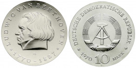 Gedenkmünzen der DDR
10 Mark 1970, Beethoven. Randschrift läuft rechts herum. Stempelglanz. Jaeger 1528.