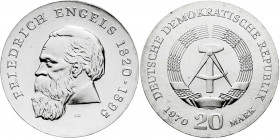 Gedenkmünzen der DDR
20 Mark 1970, Engels. Randschrift läuft rechts herum. prägefrisch. Jaeger 1529.