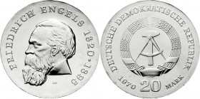 Gedenkmünzen der DDR
20 Mark 1970, Engels. Randschrift läuft links herum. Stempelglanz. Jaeger 1529.
