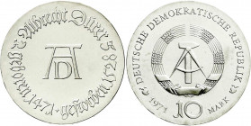 Gedenkmünzen der DDR
10 Mark 1971, Dürer. Randschrift läuft links herum. Stempelglanz. Jaeger 1532.