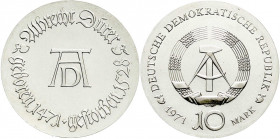 Gedenkmünzen der DDR
10 Mark 1971, Dürer. Randschrift läuft rechts herum. Stempelglanz. Jaeger 1532.