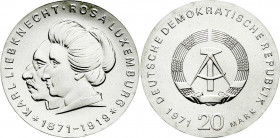 Gedenkmünzen der DDR
20 Mark 1971, Luxemburg/Liebknecht. Randschrift läuft links herum. Stempelglanz. Jaeger 1533.