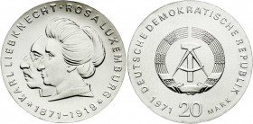 Gedenkmünzen der DDR
20 Mark 1971, Luxemburg/Liebknecht. Randschrift läuft rechts herum. Stempelglanz. Jaeger 1533.