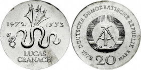 Gedenkmünzen der DDR
20 Mark 1972, Cranach. Randschrift läuft rechts herum. Stempelglanz. Jaeger 1538.