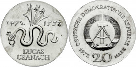 Gedenkmünzen der DDR
20 Mark 1972, Cranach. Randschrift läuft links herum. prägefrisch. Jaeger 1538.